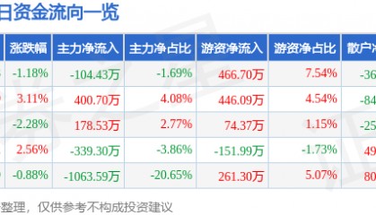 股票行情快报：和顺电气（300141）3月11日主力资金净卖出104.43万元