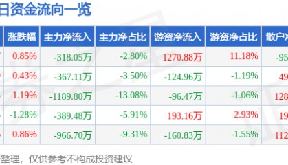 股票行情快报：恒源煤电（600971）12月3日主力资金净卖出318.05万元