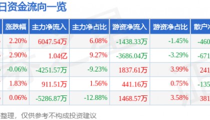 股票行情快报：中鼎股份（000887）7月17日主力资金净买入6047.54万元