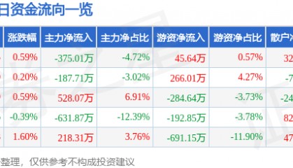 股票行情快报：青岛双星（000599）8月11日主力资金净卖出375.01万元