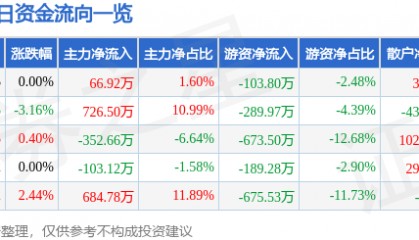 股票行情快报：云南城投（600239）1月13日主力资金净买入66.92万元