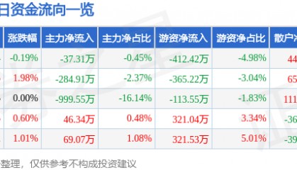 股票行情快报：青岛双星（000599）8月21日主力资金净卖出37.31万元