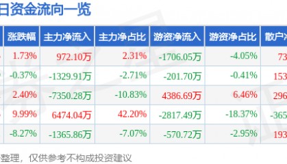 股票行情快报：盛通股份（002599）12月27日主力资金净买入972.10万元