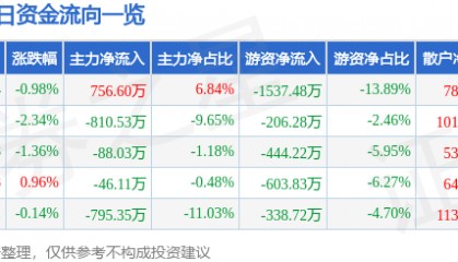 股票行情快报：合肥城建（002208）1月2日主力资金净买入756.60万元