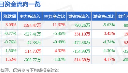 股票行情快报：晶科科技（601778）5月6日主力资金净买入1594.47万元