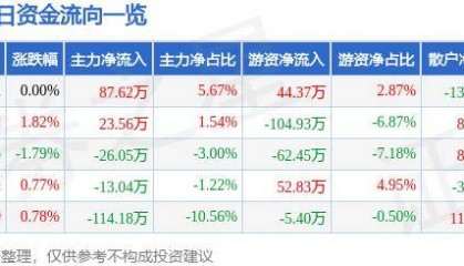股票行情快报：海螺新材（000619）9月13日主力资金净买入87.62万元