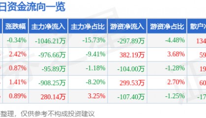股票行情快报：恒大高新（002591）12月3日主力资金净卖出1046.21万元