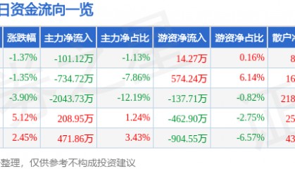 股票行情快报：大龙地产（600159）11月12日主力资金净卖出101.12万元