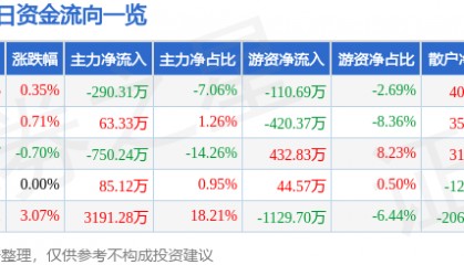 股票行情快报：江南水务（601199）8月8日主力资金净卖出290.31万元
