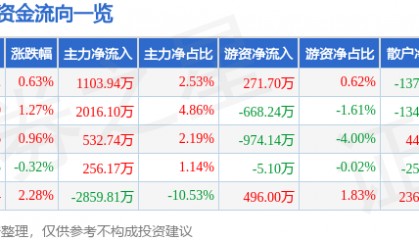 股票行情快报：奥特佳（002239）2月25日主力资金净买入1103.94万元