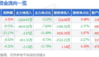 股票行情快报：安诺其（300067）1月7日主力资金净卖出2410.01万元