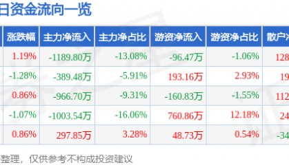 股票行情快报：恒源煤电（600971）11月29日主力资金净卖出1189.80万元