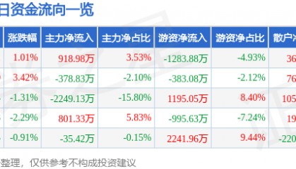 赞宇科技（002637）8月27日主力资金净买入918.98万元