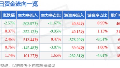 股票行情快报：海螺新材（000619）11月22日主力资金净卖出503.97万元