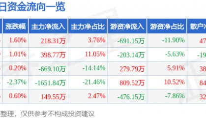 股票行情快报：青岛双星（000599）8月5日主力资金净买入218.31万元