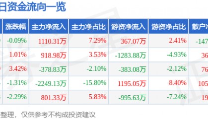 股票行情快报：赞宇科技（002637）8月28日主力资金净买入1110.31万元