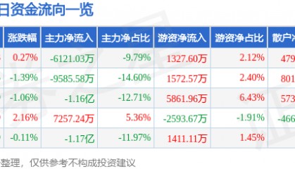 股票行情快报：中鼎股份（000887）8月11日主力资金净卖出6121.03万元