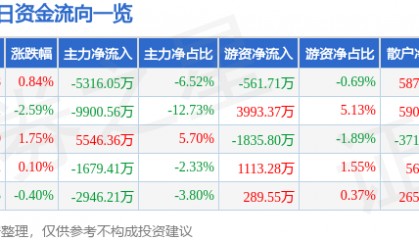 股票行情快报：中航电测（300114）12月10日主力资金净卖出5316.05万元
