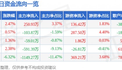 股票行情快报：恒大高新（002591）11月7日主力资金净买入250.93万元