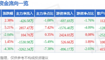 股票行情快报：安诺其（300067）2月6日主力资金净卖出426.58万元