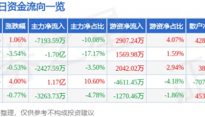 股票行情快报：中鼎股份（000887）7月24日主力资金净卖出7193.59万元