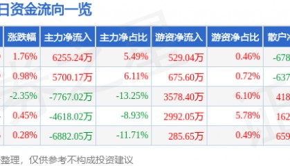 股票行情快报：中鼎股份（000887）8月1日主力资金净买入6255.24万元