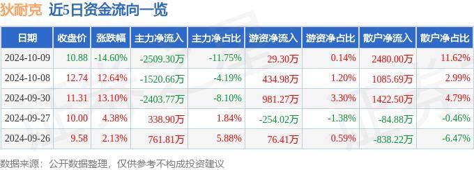 股票行情快报：狄耐克（300884）10月9日主力资金净卖出2509.30万元
