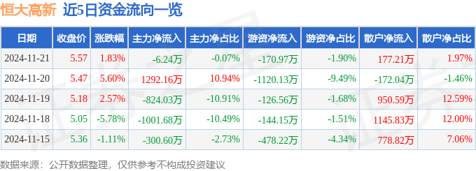 股票行情快报：恒大高新（002591）11月21日主力资金净卖出6.24万元