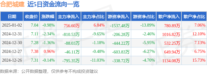 股票行情快报：合肥城建（002208）1月2日主力资金净买入756.60万元