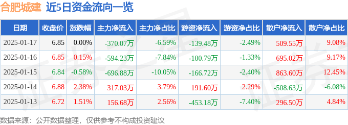 股票行情快报：合肥城建（002208）1月17日主力资金净卖出370.07万元