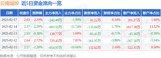 股票行情快报：云南城投（600239）2月17日主力资金净卖出242.49万元