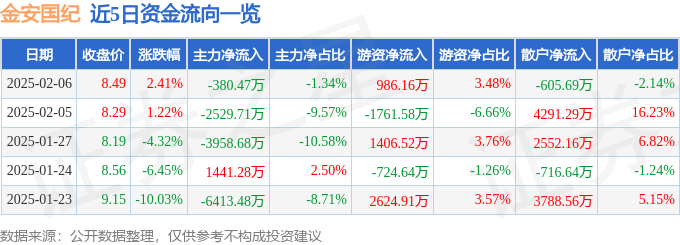 股票行情快报：金安国纪（002636）2月6日主力资金净卖出380.47万元