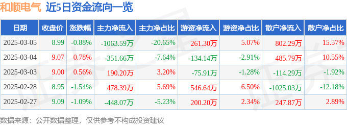股票行情快报：和顺电气（300141）3月5日主力资金净卖出1063.59万元