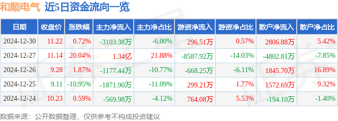 股票行情快报：和顺电气（300141）12月30日主力资金净卖出3103.38万元
