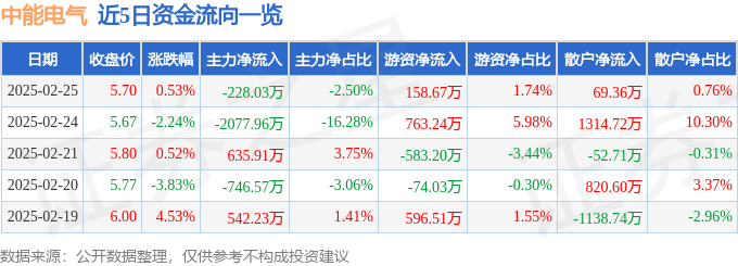 股票行情快报：中能电气（300062）2月25日主力资金净卖出228.03万元