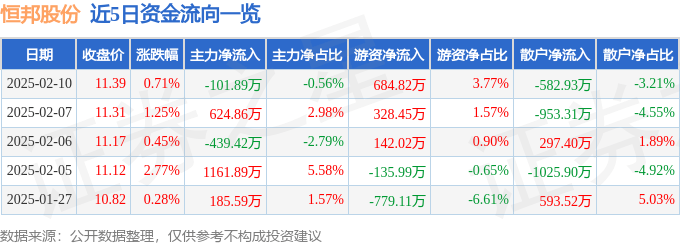 股票行情快报：恒邦股份（002237）2月10日主力资金净卖出101.89万元