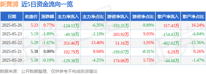 股票行情快报：新黄浦（600638）5月26日主力资金净卖出124.12万元