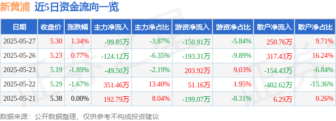 股票行情快报：新黄浦（600638）5月27日主力资金净卖出99.85万元