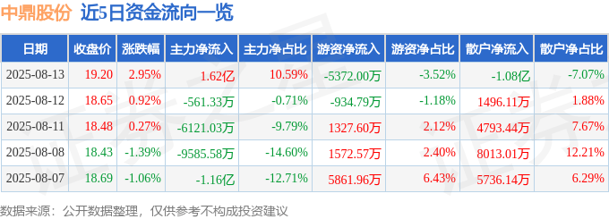 股票行情快报:中鼎股份(000887)8月13日主力资金净买入1.62亿元