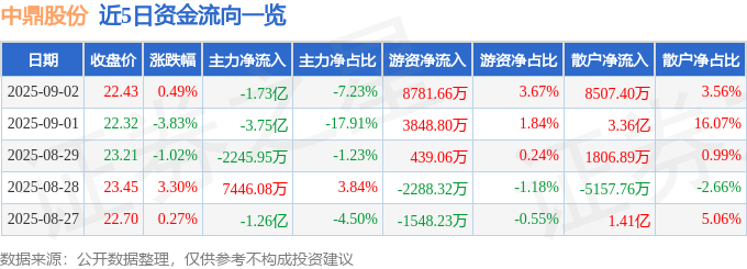 股票行情快报:中鼎股份(000887)9月2日主力资金净卖出1.73亿元