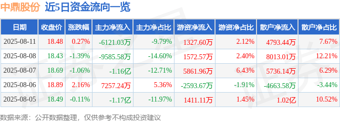 股票行情快报:中鼎股份(000887)8月11日主力资金净卖出6121.03万元